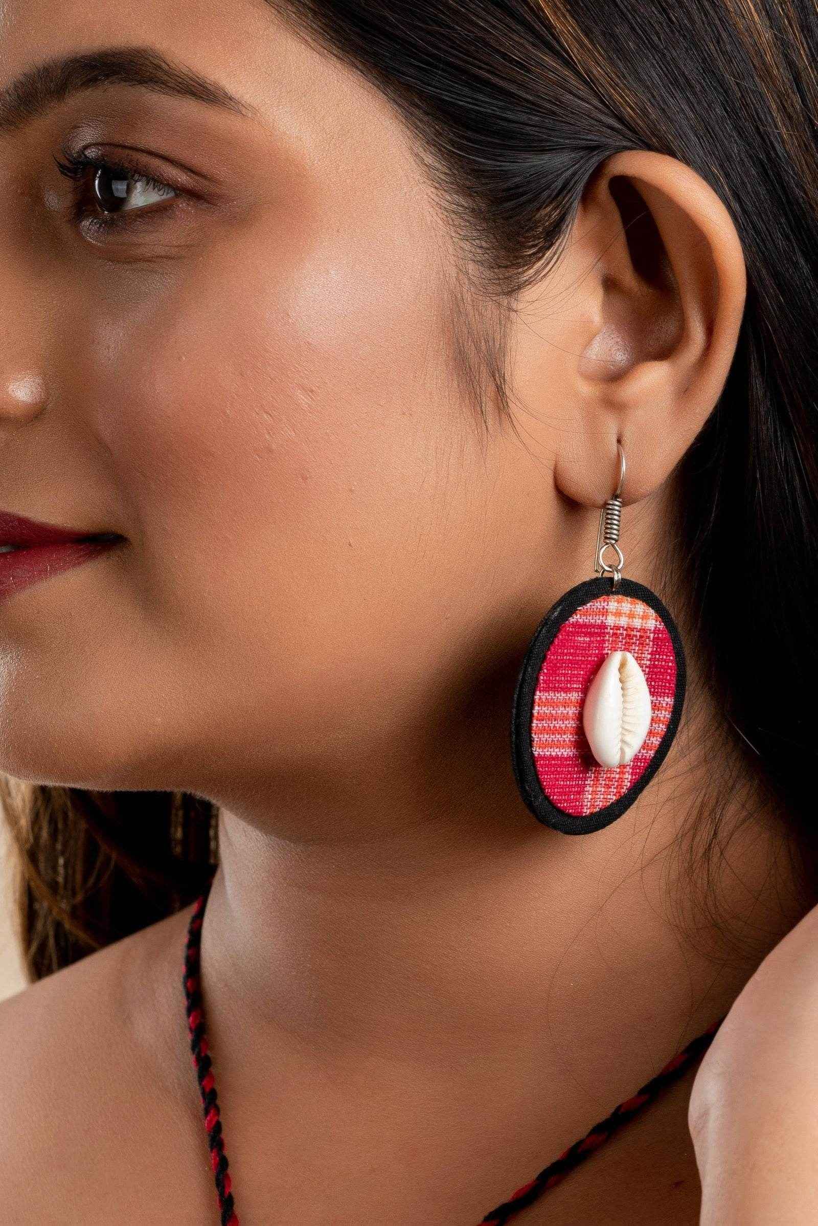 Handmade Black And Red Gamcha Fabric Cowrie Earrings - Non-Allergic, Perfect For Gifting - Lookandadorn.com