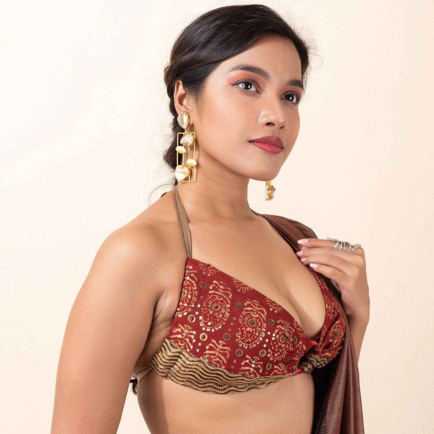 Block Printed Cotton Zari Backless Halter Neck Bikini Blouse - Non Padded Designer Top - Lookandadorn.com