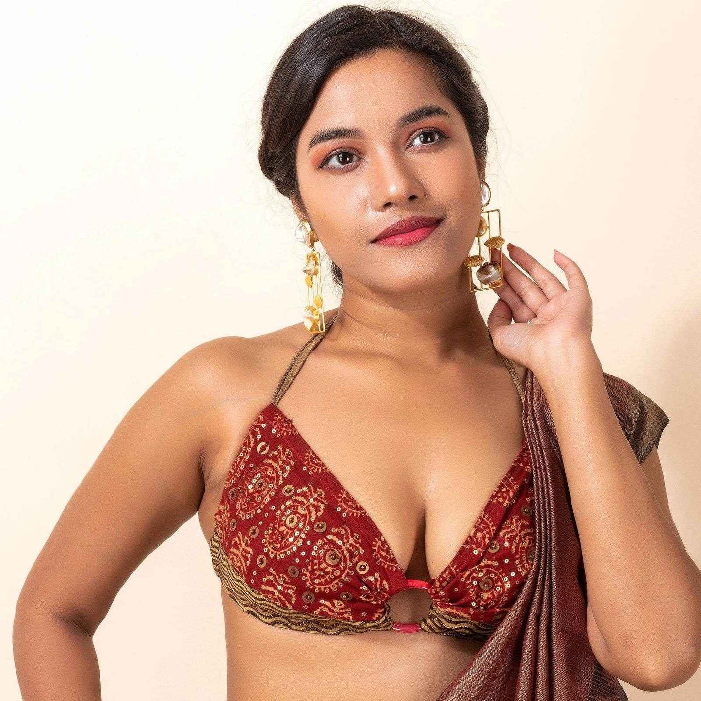 Block Printed Cotton Zari Backless Halter Neck Bikini Blouse - Non Padded Designer Top - Lookandadorn.com