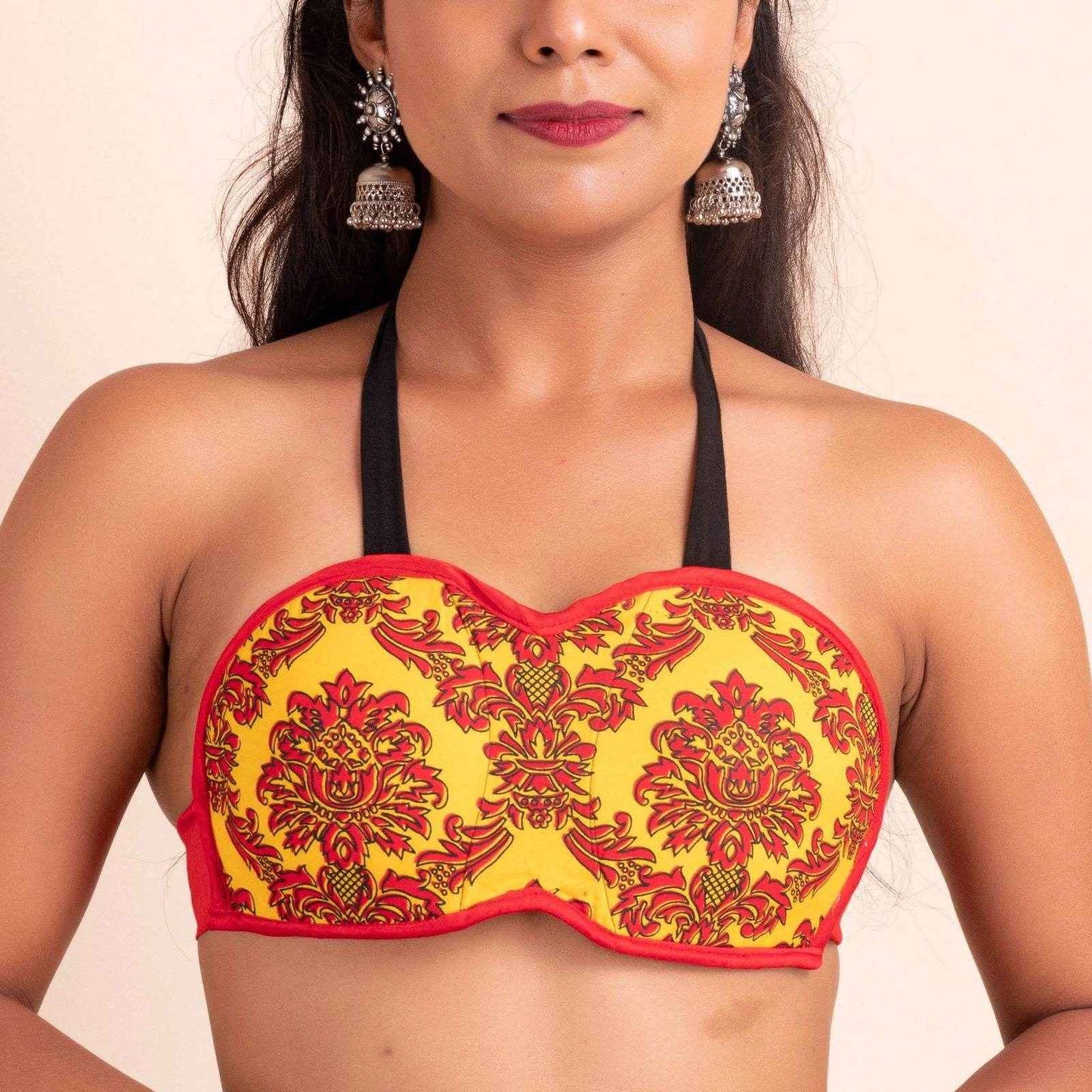 Block Printed Yellow Backless Backless Halter Neck Bikini Blouse with Padded Bust in Cotton - Lookandadorn.com