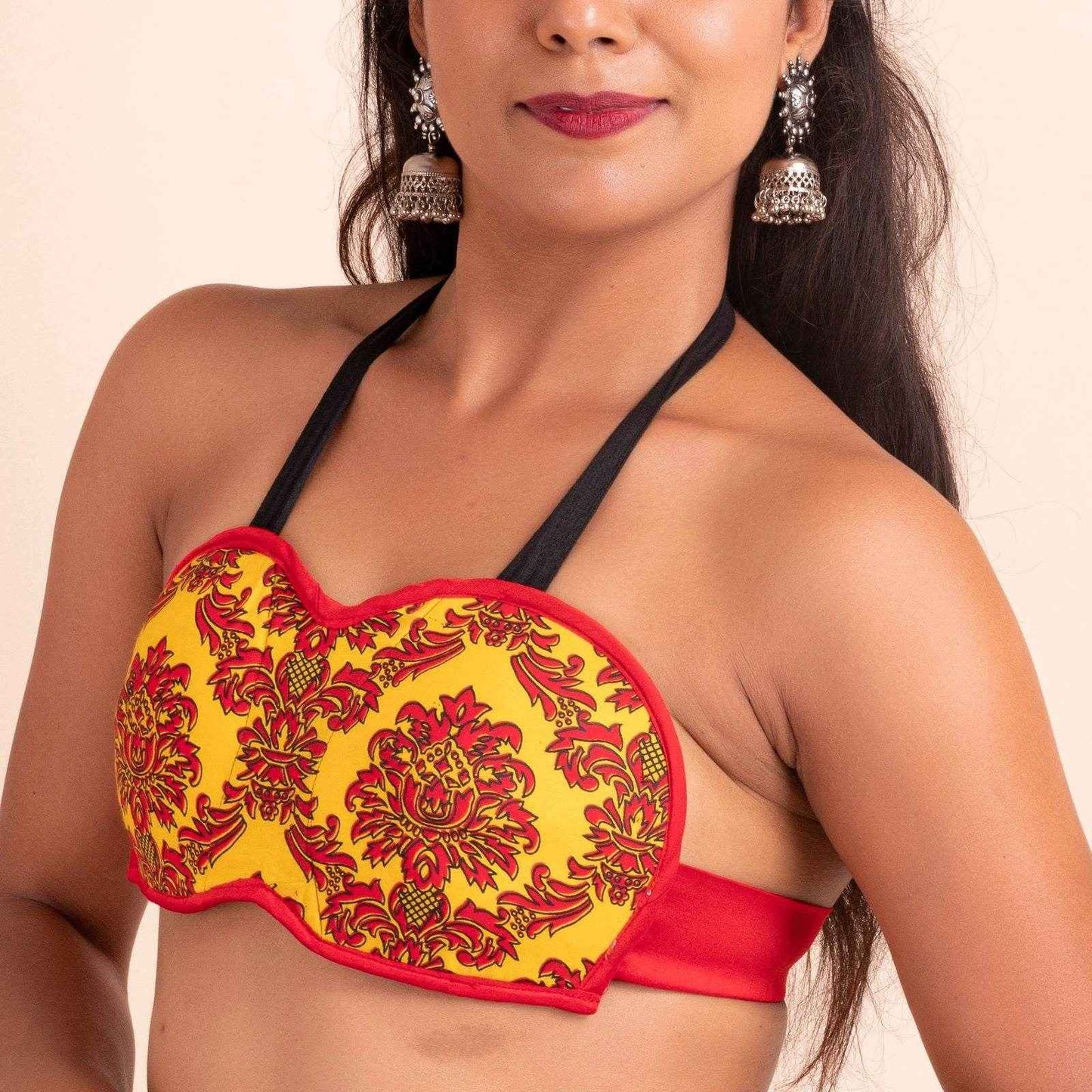 Block Printed Yellow Backless Backless Halter Neck Bikini Blouse with Padded Bust in Cotton - Lookandadorn.com