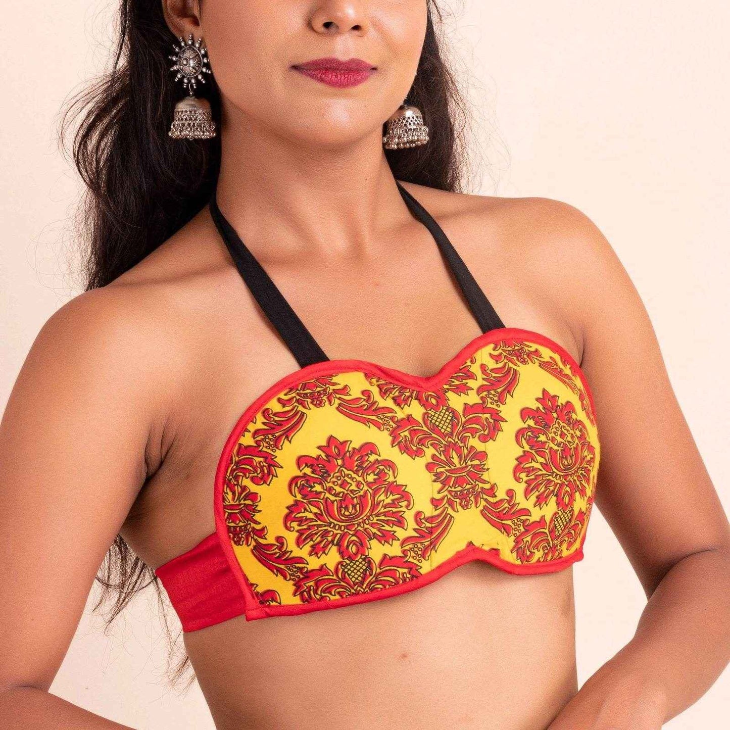 Block Printed Yellow Backless Backless Halter Neck Bikini Blouse with Padded Bust in Cotton - Lookandadorn.com