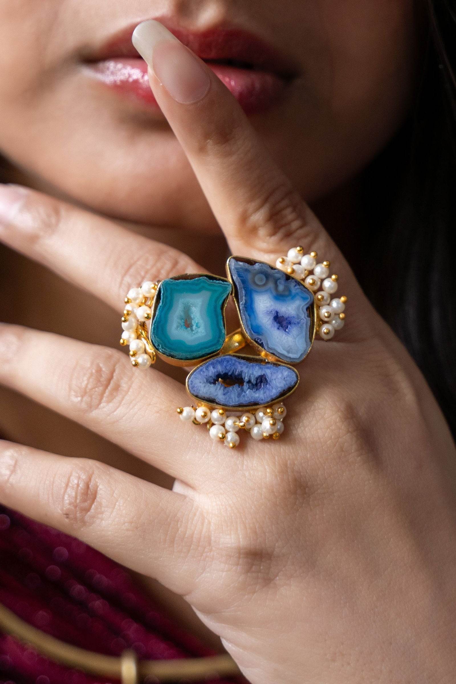 Blue Purple Geode Agate Brass Finger Ring | Unique Semi-Precious Jewelry Piece - Lookandadorn.com