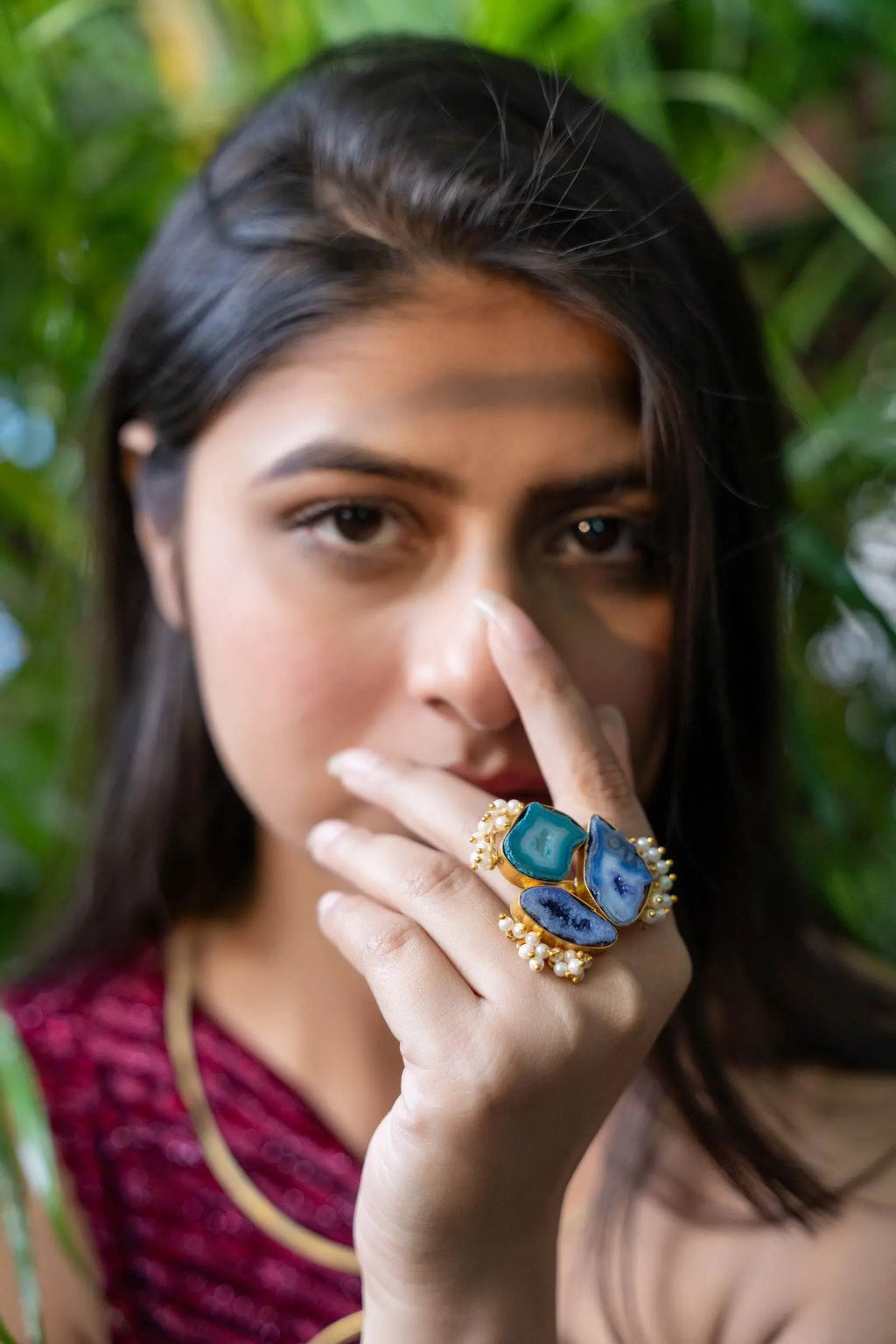 Blue Purple Geode Agate Brass Finger Ring | Unique Semi-Precious Jewelry Piece - Lookandadorn.com