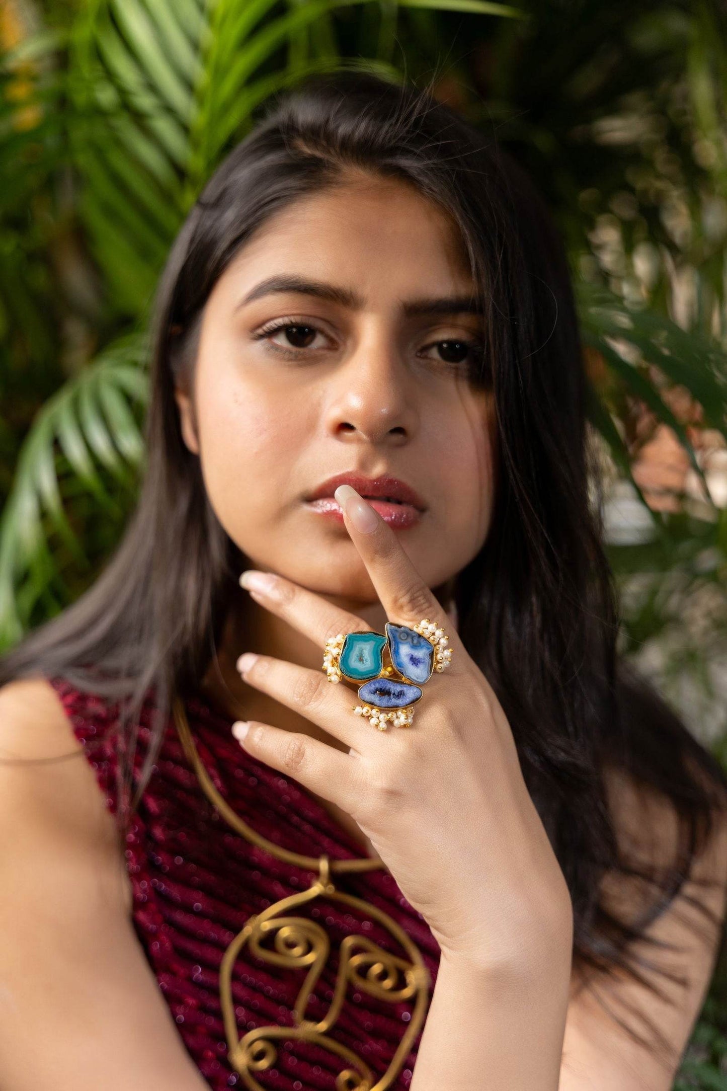Blue Purple Geode Agate Brass Finger Ring | Unique Semi-Precious Jewelry Piece - Lookandadorn.com