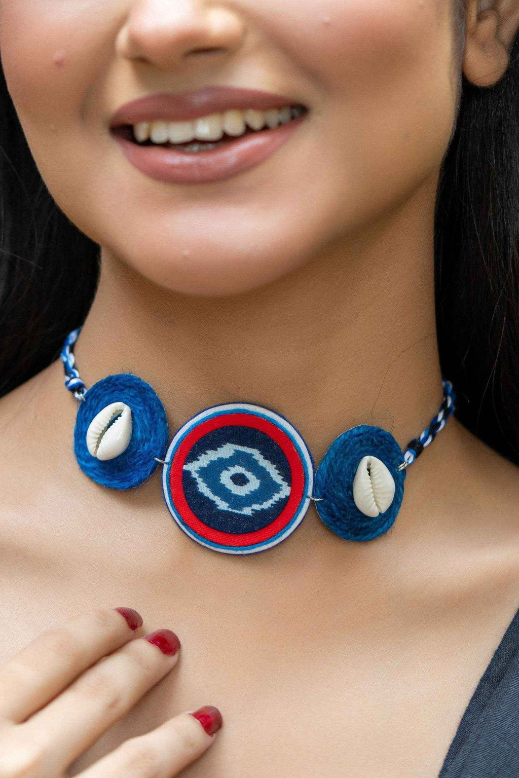 Handmade Eco-Friendly Blue Red Jute Fabric Cowrie Evil Eye Choker Necklace with Earring Jewelry Set - Lookandadorn.com