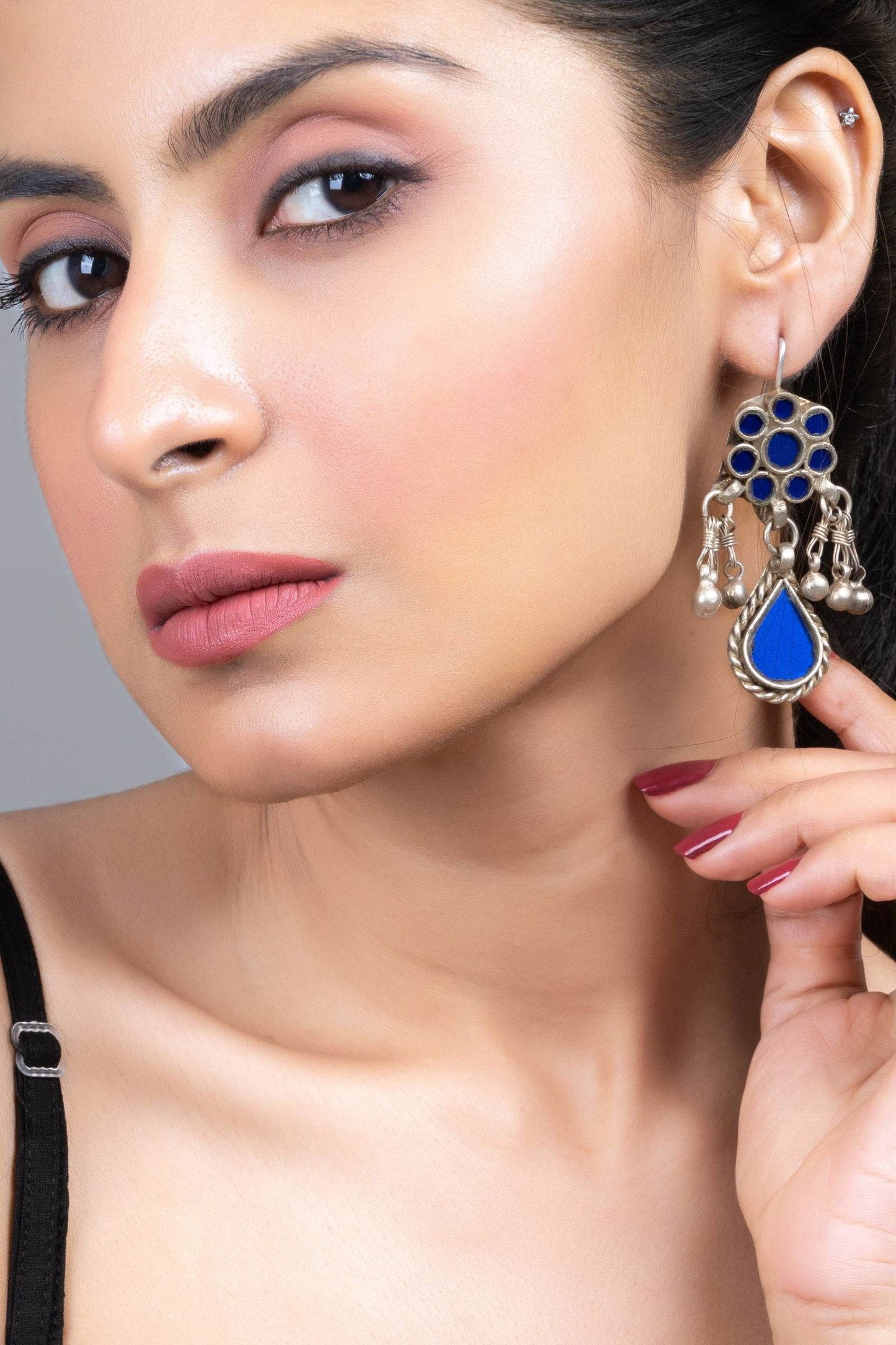 Blue Silver Ghungroo Afghani Glass Dangler Earrings - Elegant Statement Jewelry for Any Occasion - Lookandadorn.com