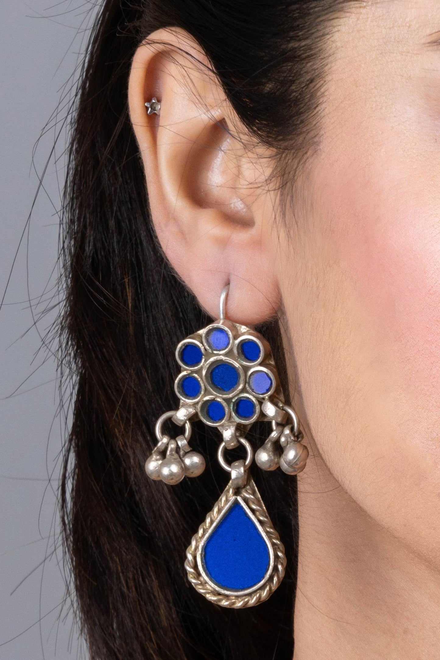 Blue Silver Ghungroo Afghani Glass Dangler Earrings - Elegant Statement Jewelry for Any Occasion - Lookandadorn.com