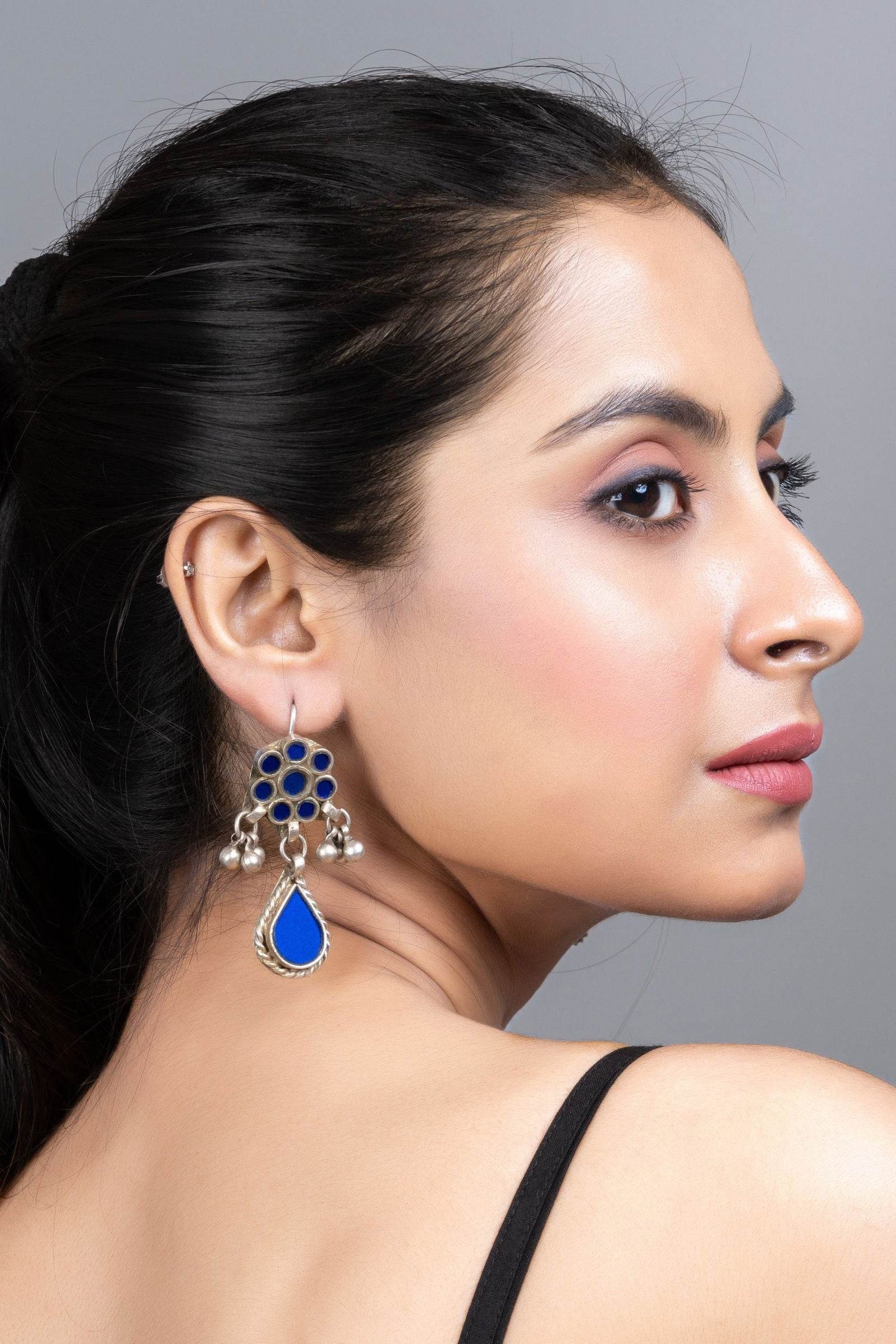 Blue Silver Ghungroo Afghani Glass Dangler Earrings - Elegant Statement Jewelry for Any Occasion - Lookandadorn.com
