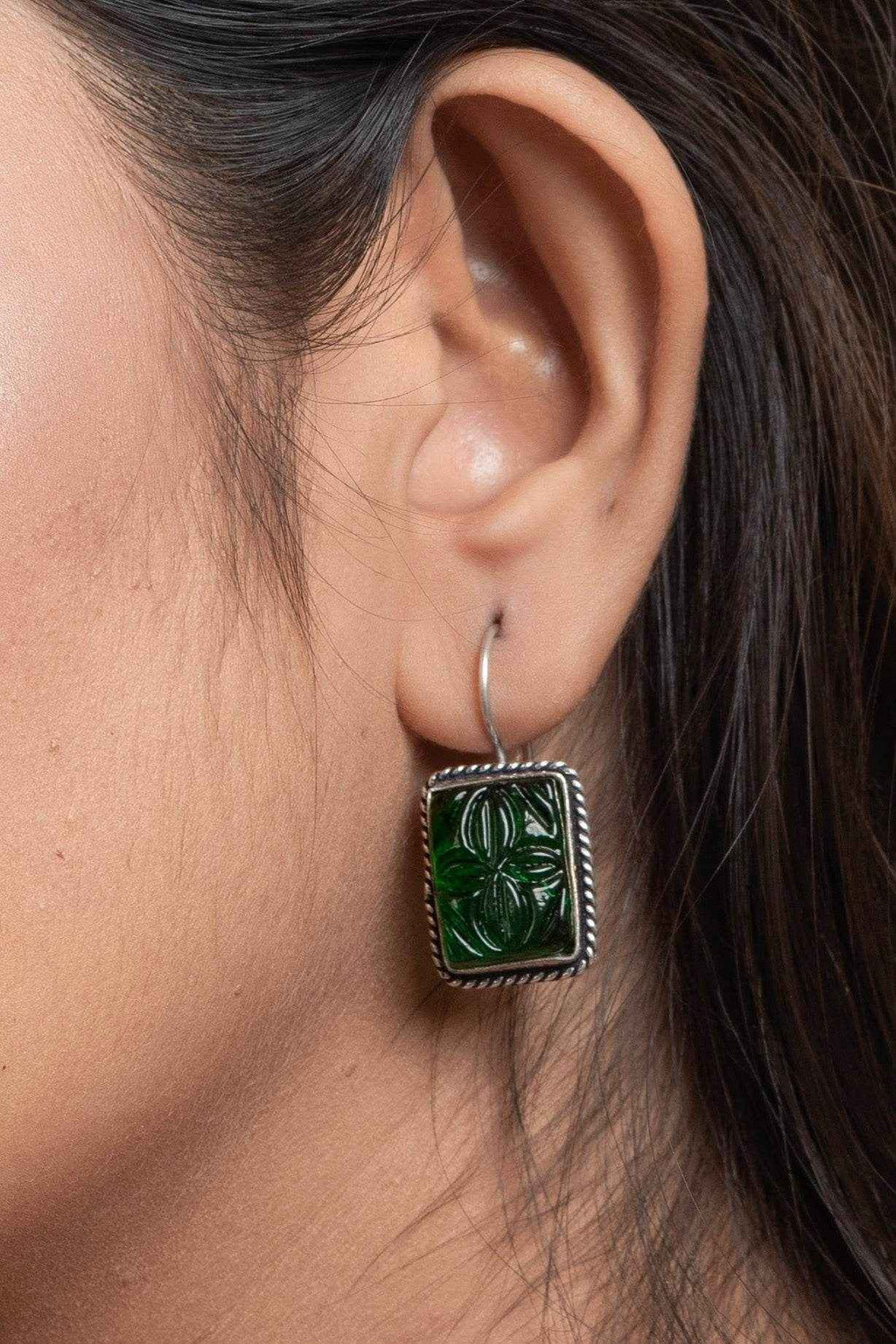 Bottle Green Carved Stone Earrings in Oxidised Silver, Non-Allergic & Ideal for Gifting - Lookandadorn.com
