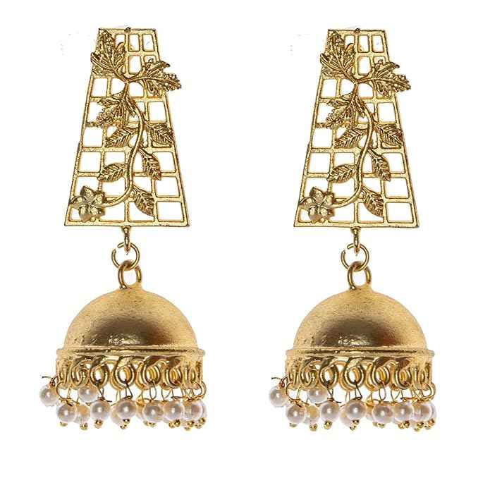 Brass Floral Leaf Stud Jhumka Earrings - Lightweight, Non-Allergic, Unique Design for All Occasions