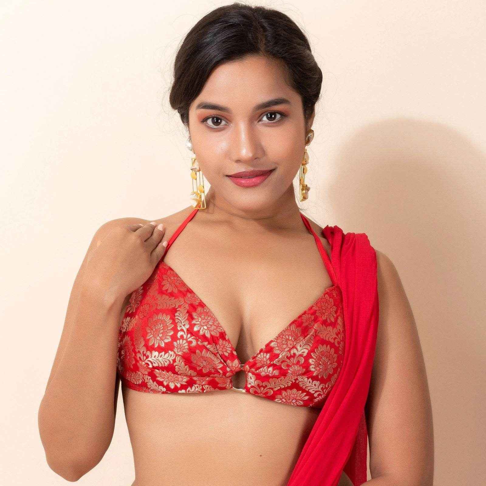 Designer Brocade Fabric Backless Halter Neck Bikini Blouse for Women, Non-Padded - Lookandadorn.com