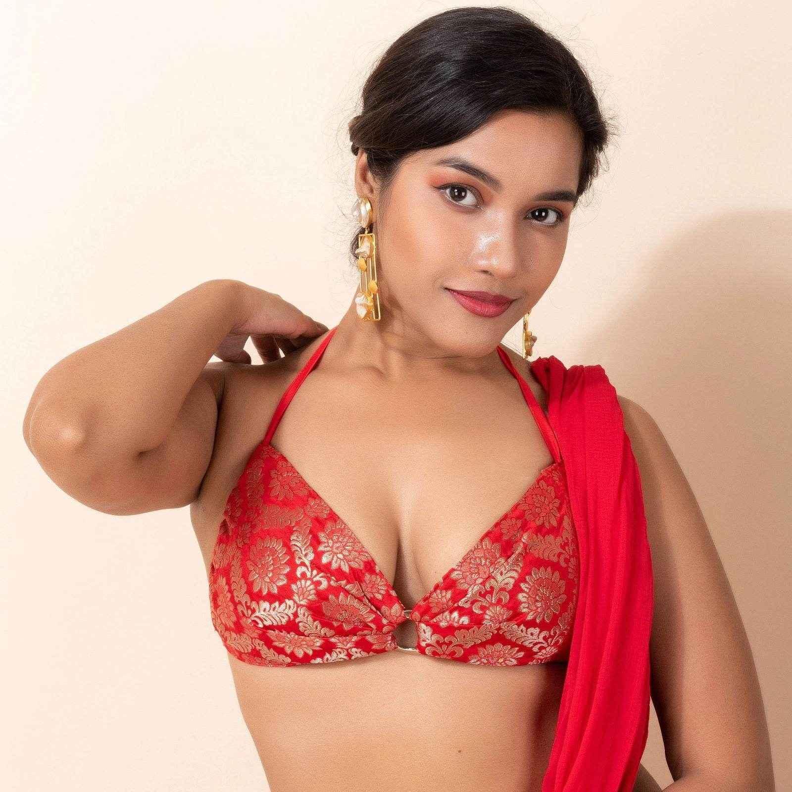 Designer Brocade Fabric Backless Halter Neck Bikini Blouse for Women, Non-Padded - Lookandadorn.com