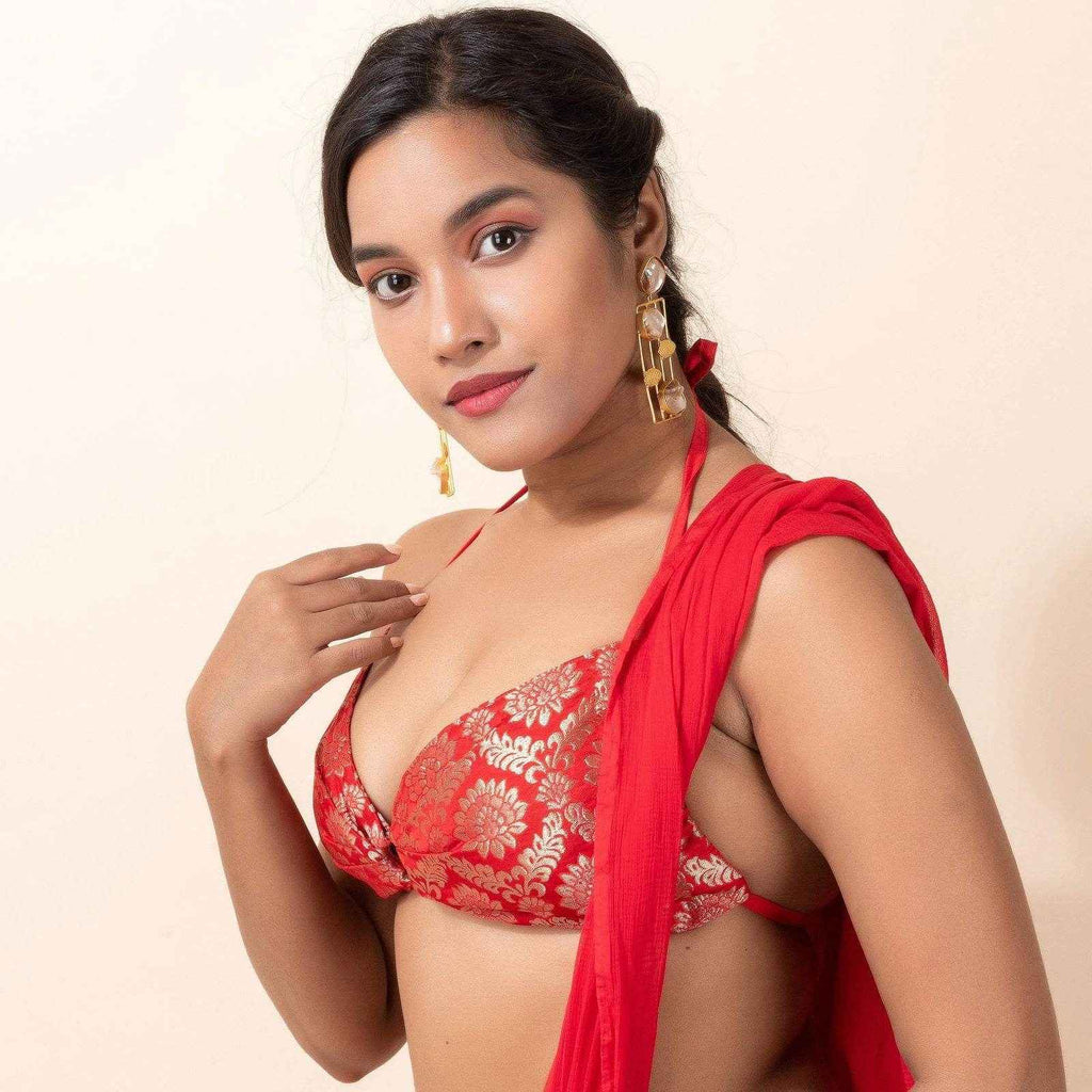 Designer Brocade Fabric Backless Halter Neck Bikini Blouse for Women, Non-Padded - Lookandadorn.com