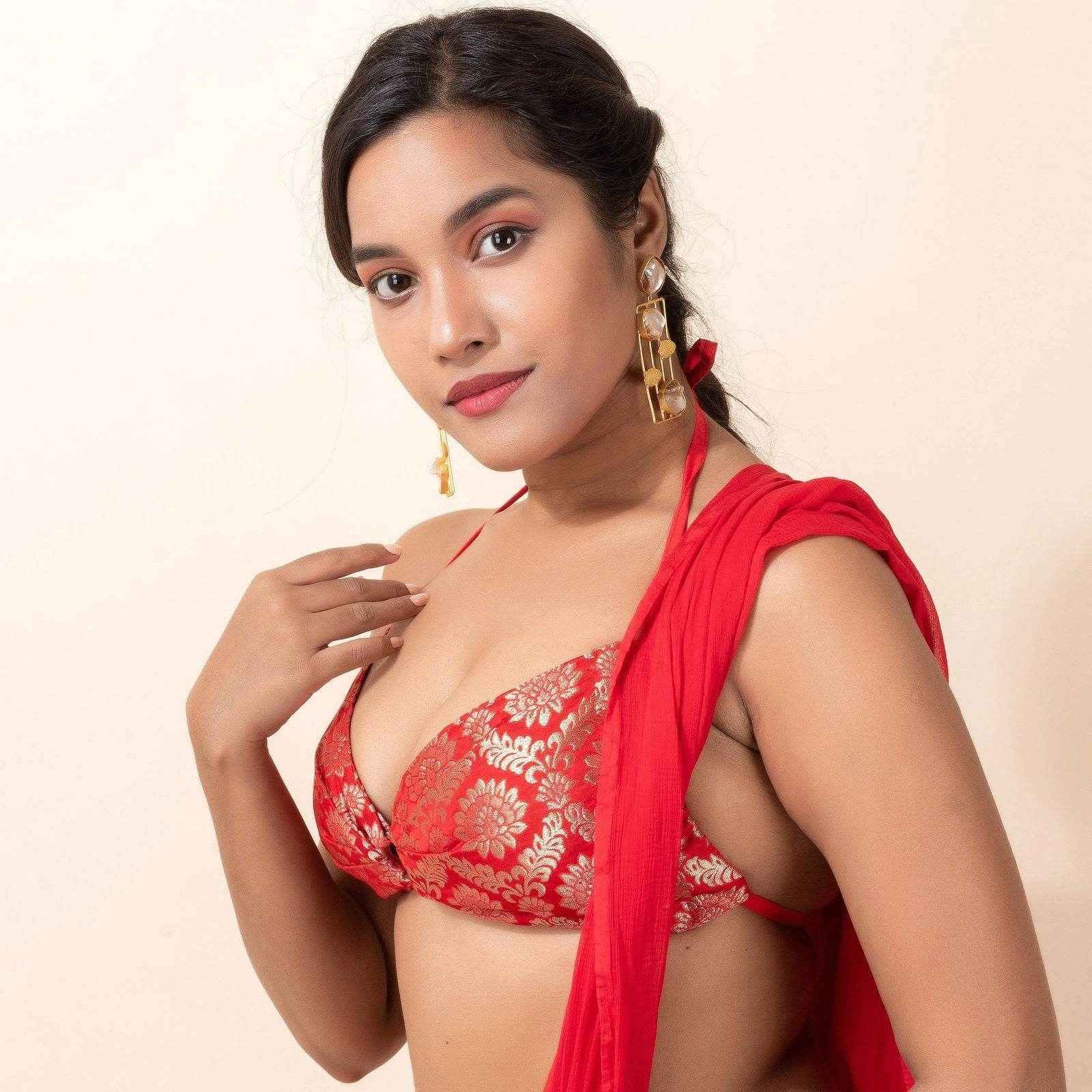 Designer Brocade Fabric Backless Halter Neck Bikini Blouse for Women, Non-Padded - Lookandadorn.com