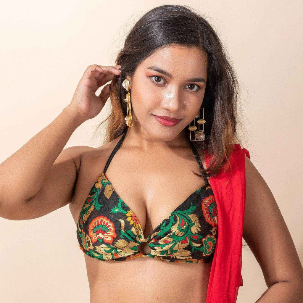 Designer Brocade Fabric Backless Halter Neck Bikini Blouse for Women, Non-Padded - Lookandadorn.com