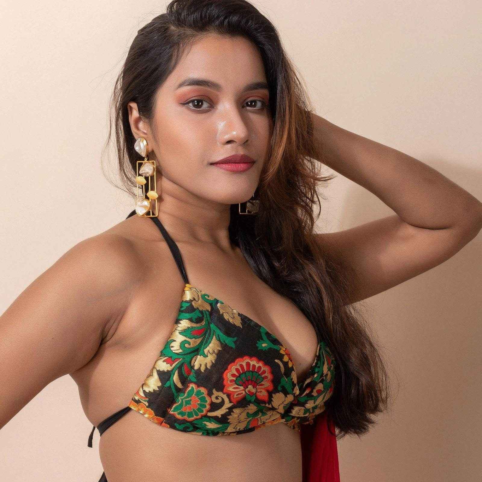 Designer Brocade Fabric Backless Halter Neck Bikini Blouse for Women, Non-Padded - Lookandadorn.com