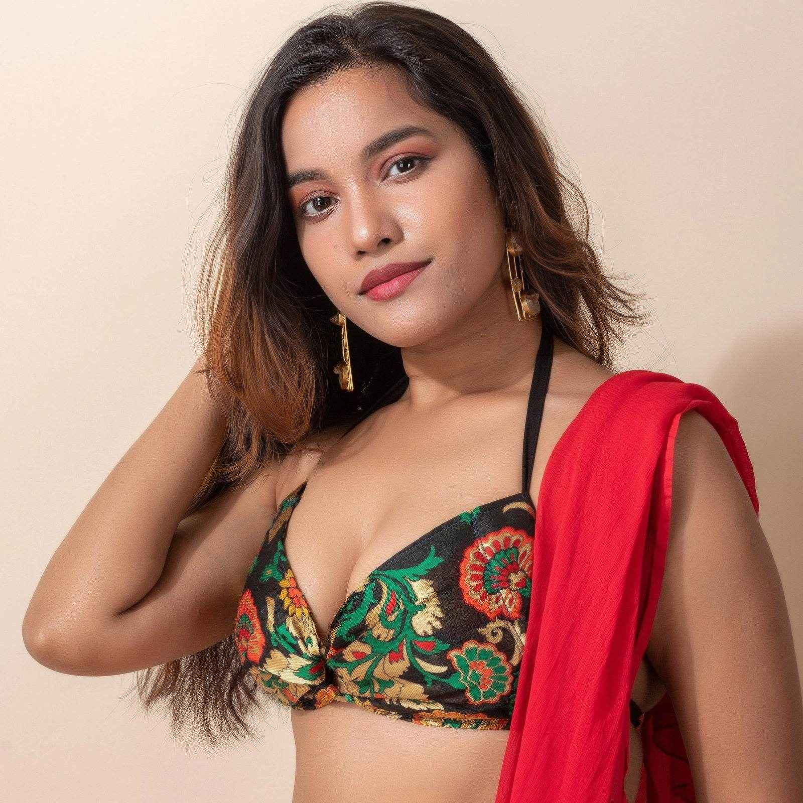 Designer Brocade Fabric Backless Halter Neck Bikini Blouse for Women, Non-Padded - Lookandadorn.com