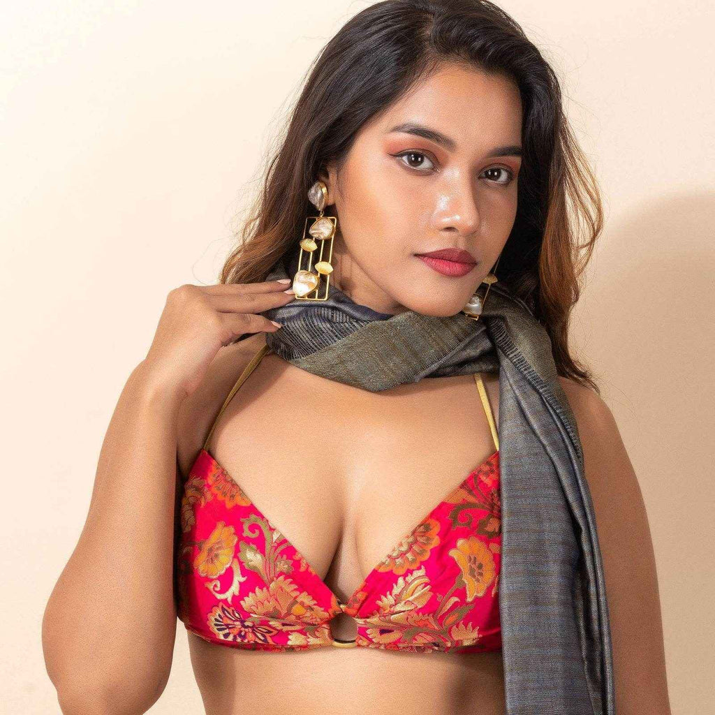 Designer Brocade Fabric Backless Halter Neck Bikini Top Blouse - Non Padded - Lookandadorn.com