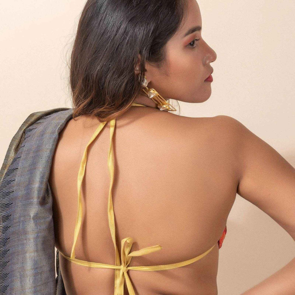 Designer Brocade Fabric Backless Halter Neck Bikini Top Blouse - Non Padded - Lookandadorn.com