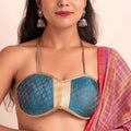 Brocade Designer Blue Backless Halter Neck Blouse with Padded Bust - Lookandadorn.com