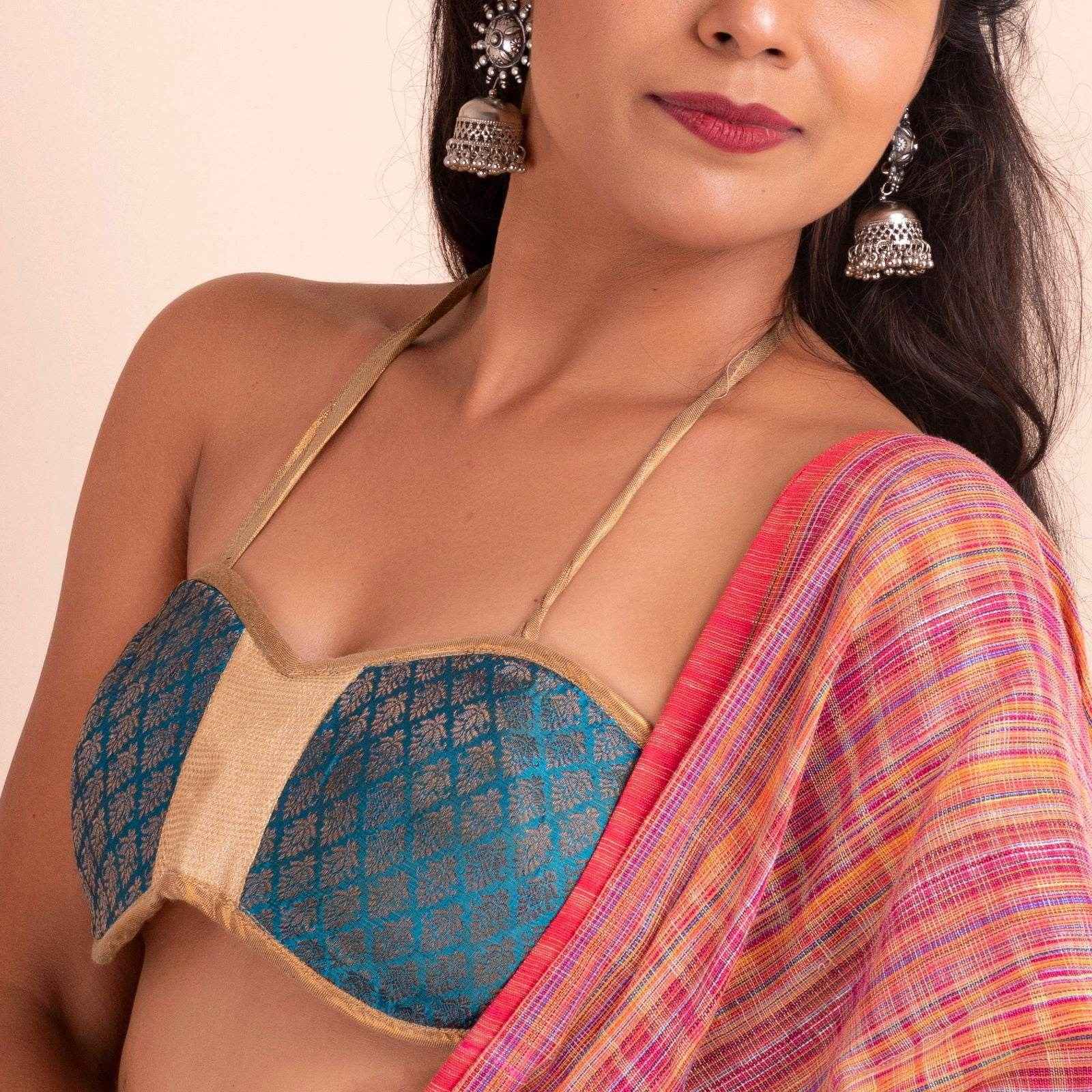 Brocade Designer Blue Backless Halter Neck Blouse with Padded Bust - Lookandadorn.com