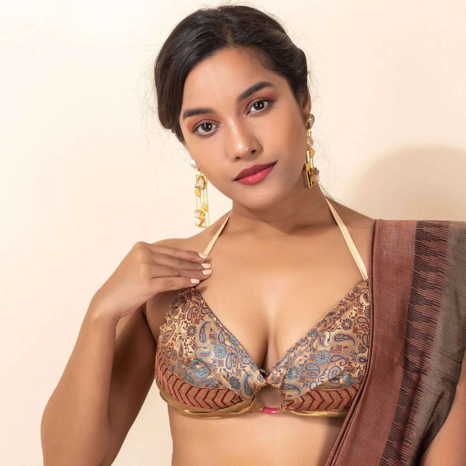 Designer Brocade Halter Blouse with Embroidered Lace, Non Padded Backless Design