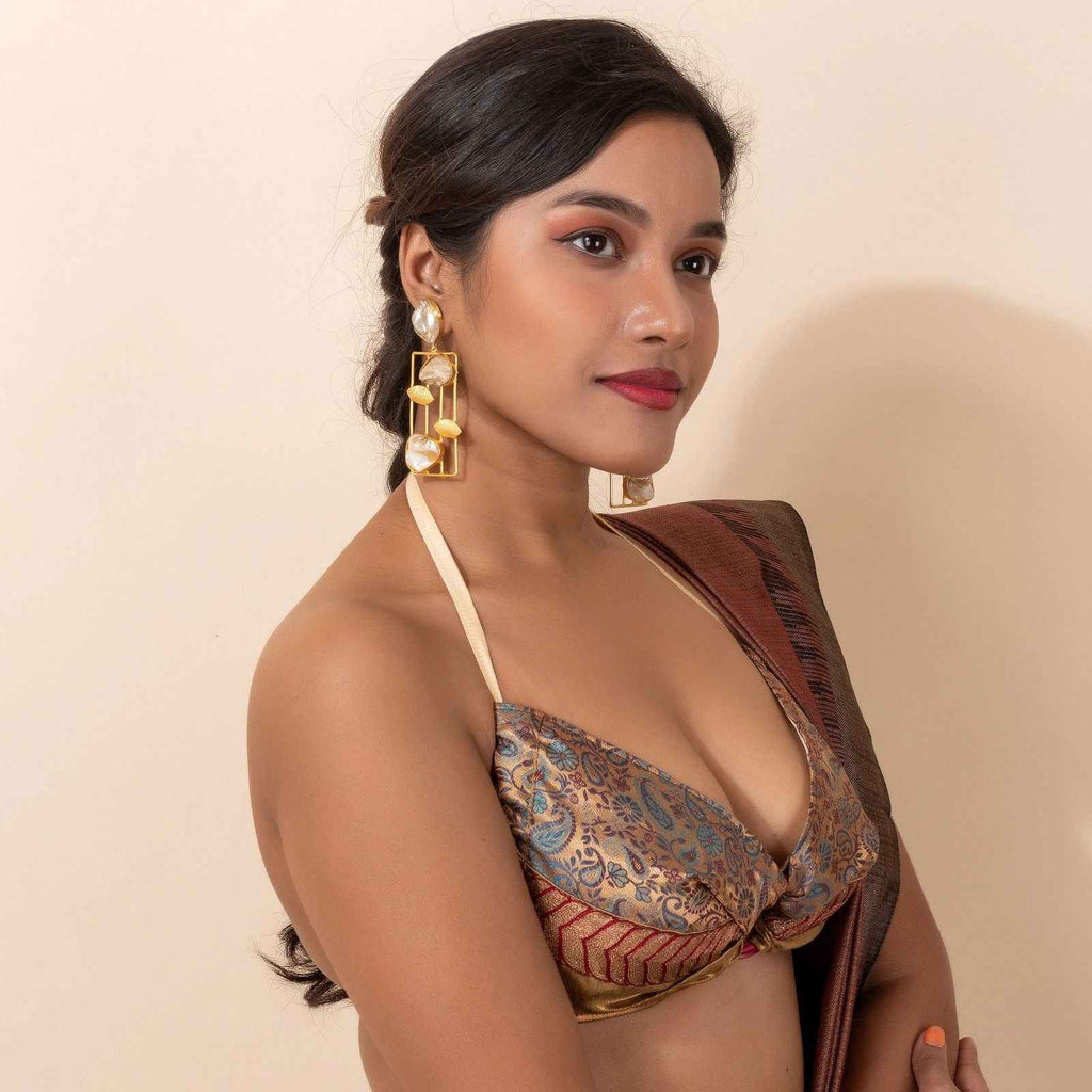 Designer Brocade Halter Blouse with Embroidered Lace, Non Padded Backless Design