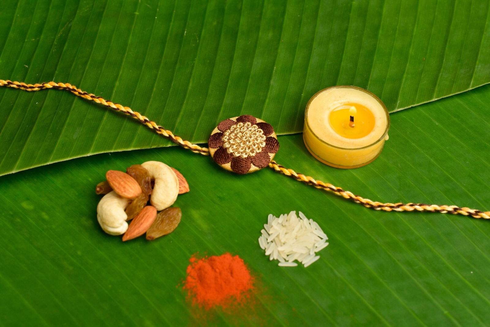 Brown And Golden Handmade Designer Embroidery Rakhi For Brother With Roli And Chawal - Lookandadorn.com