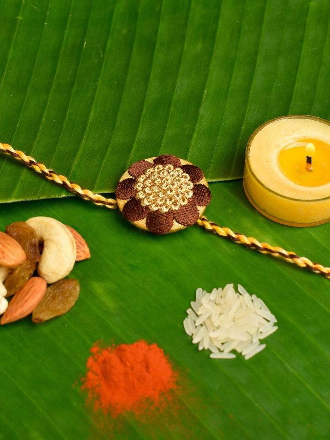 Brown And Golden Handmade Designer Embroidery Rakhi For Brother With Roli And Chawal - Lookandadorn.com