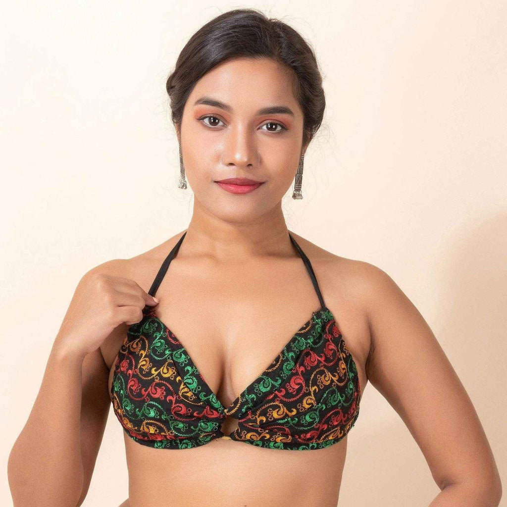 Designer Black Chikon Work Backless Halter Neck Blouse - Non-Padded Women's Saree Bikini - Lookandadorn.com