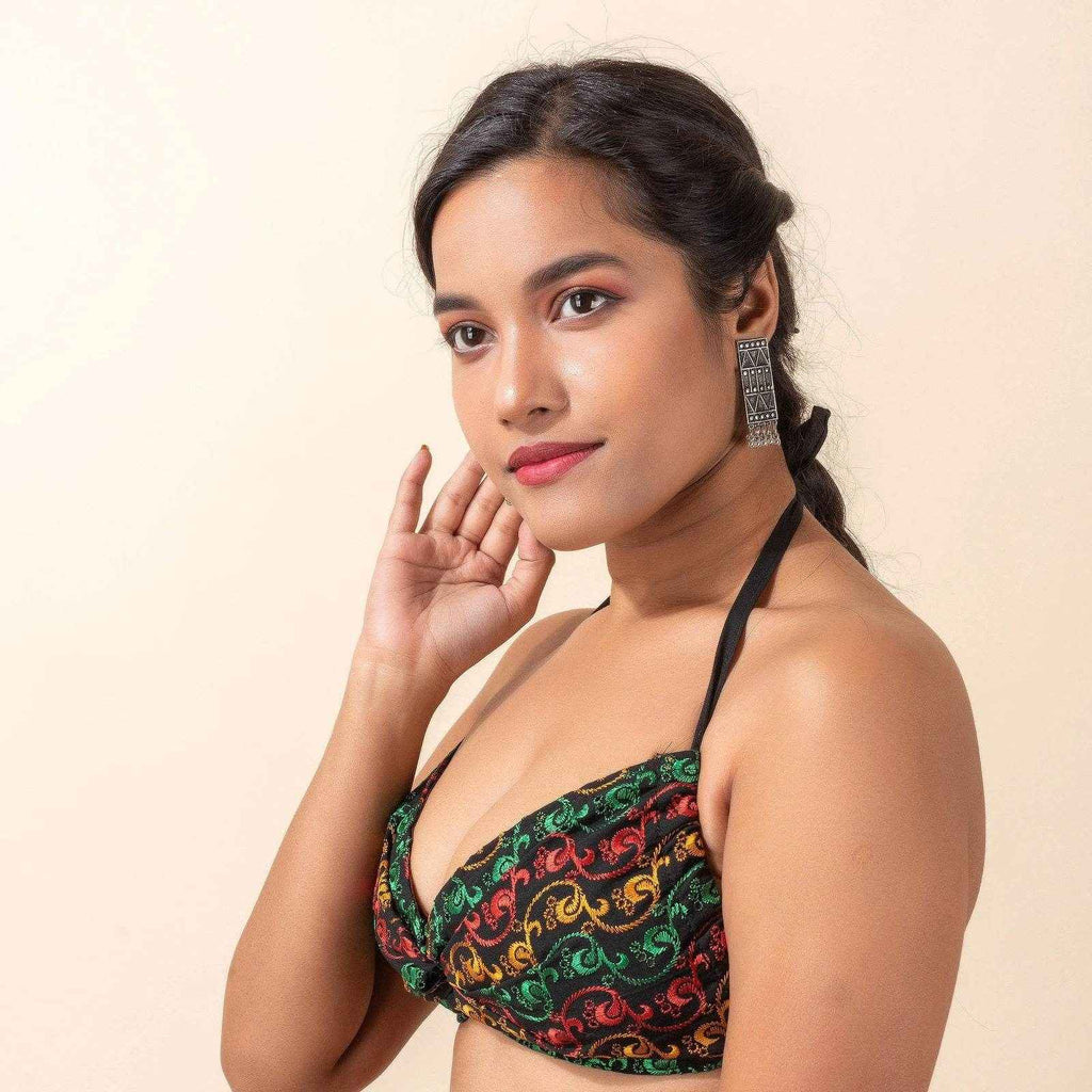 Designer Black Chikon Work Backless Halter Neck Blouse - Non-Padded Women's Saree Bikini - Lookandadorn.com