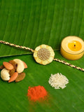 Cream Golden Embroidery Rakhi Set with Roli & Chawal - Handmade Designer Rakhi for Brothers - Lookandadorn.com