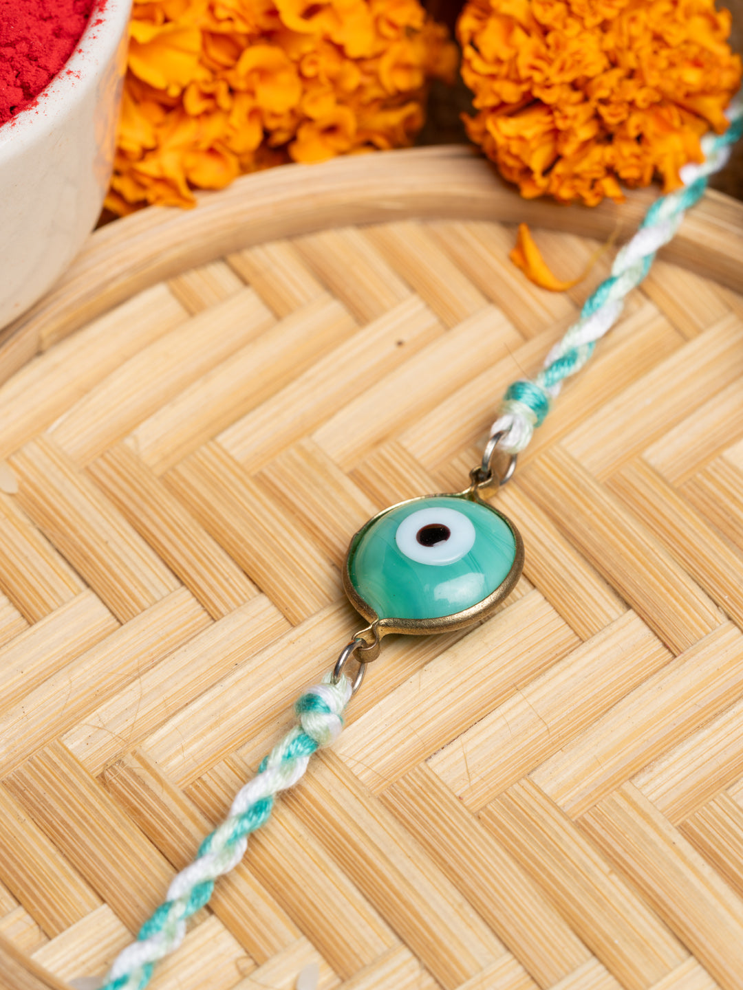 Designer White Mint Green Onyx Evil Eye Rakhi Set with Roli and Chawal for Raksha Bandhan - Lookandadorn.com