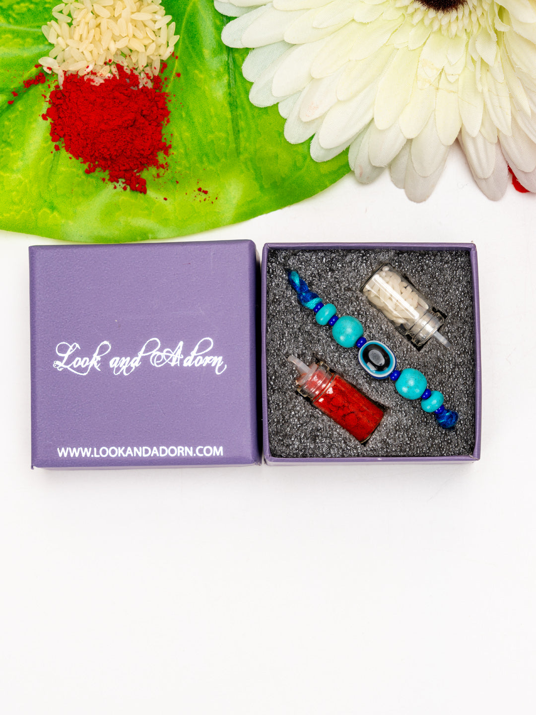 Turquoise Blue Onyx Evil Eye Rakhi With Roli & Chawal - Handmade Designer Rakhi For Brothers - Lookandadorn.com
