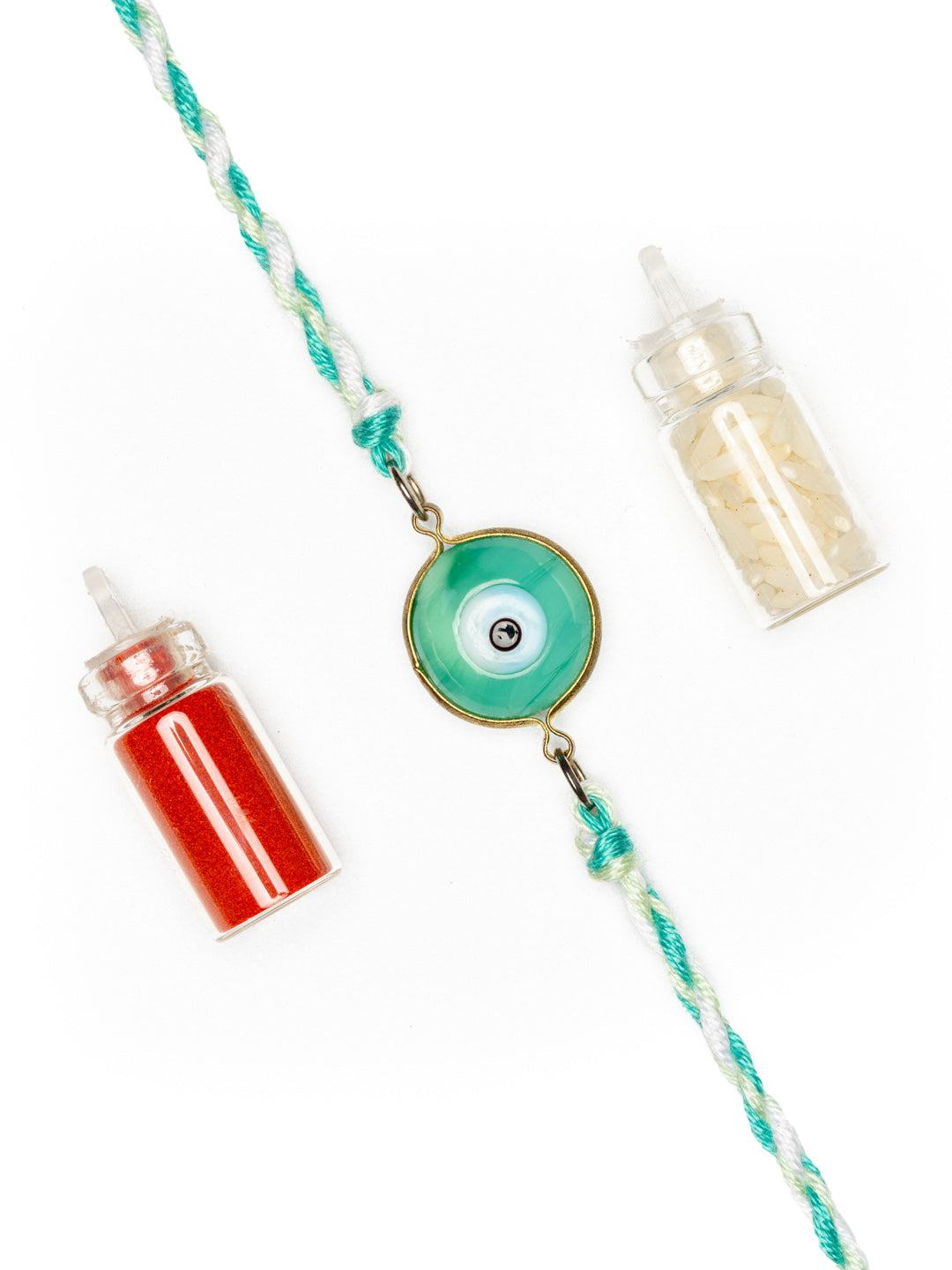 Designer White Mint Green Onyx Evil Eye Rakhi Set with Roli and Chawal for Raksha Bandhan - Lookandadorn.com
