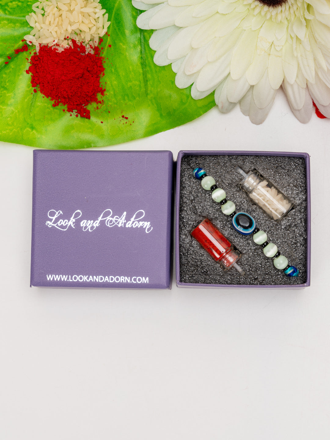 Green Blue Onyx Cat's Eye Evil Eye Rakhi With Roli Chawal for Raksha Bandhan Celebration - Lookandadorn.com