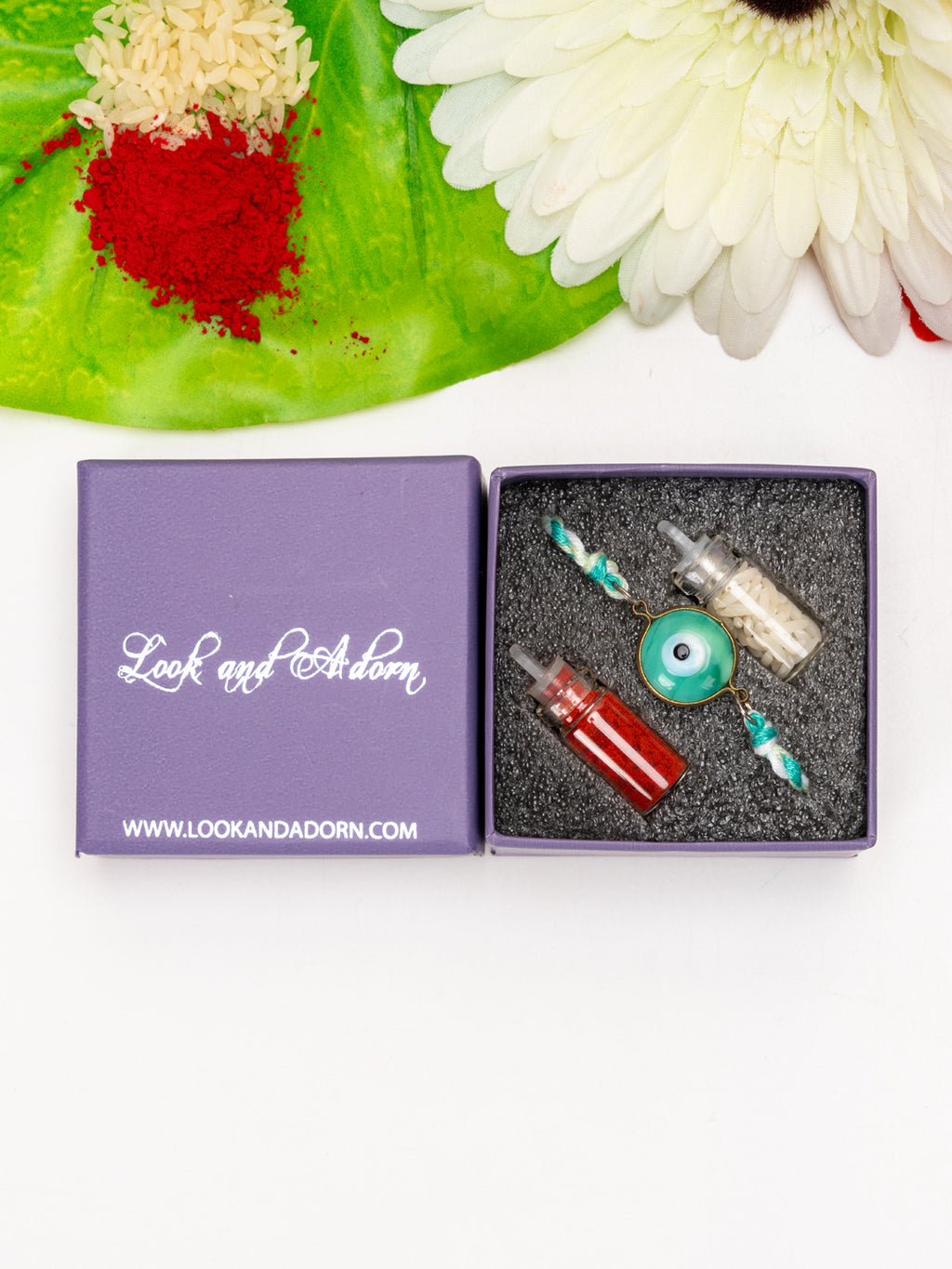 Designer White Mint Green Onyx Evil Eye Rakhi Set with Roli and Chawal for Raksha Bandhan - Lookandadorn.com