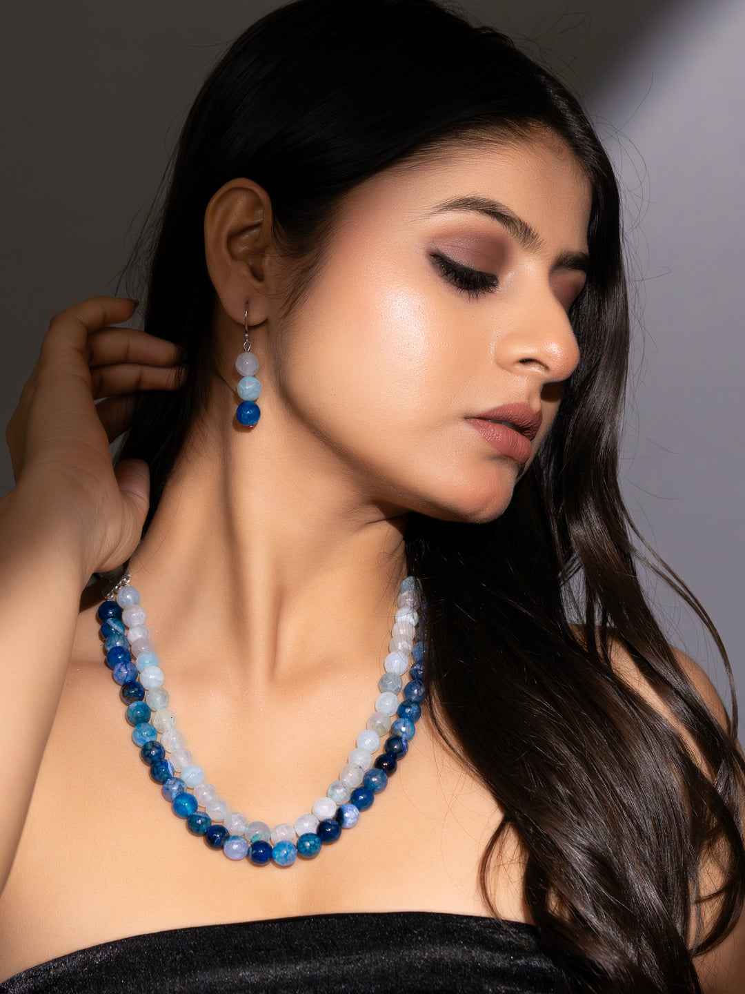 Semi Precious Ice Blue Onyx Double Layered Necklace set with Earrings