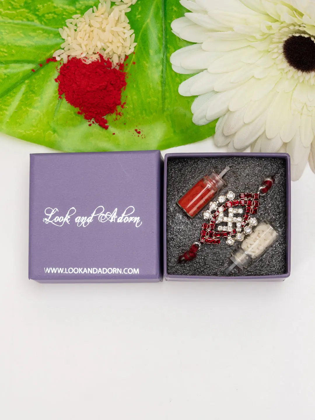 Exclusive American Diamond Maroon Swastik Rakhi Bracelet with Grey Maroon Dori Roli Chawal for Boys & Men - Lookandadorn.com