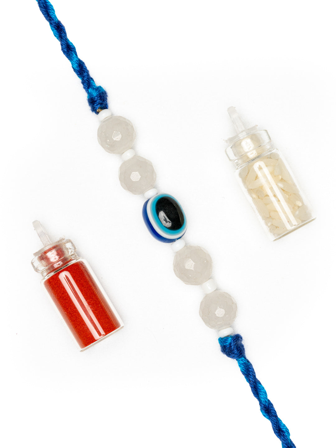 White Onyx and Blue Evil Eye Rakhi Set with Roli and Chawal - Handmade Designer Rakhi for Brothers - Lookandadorn.com