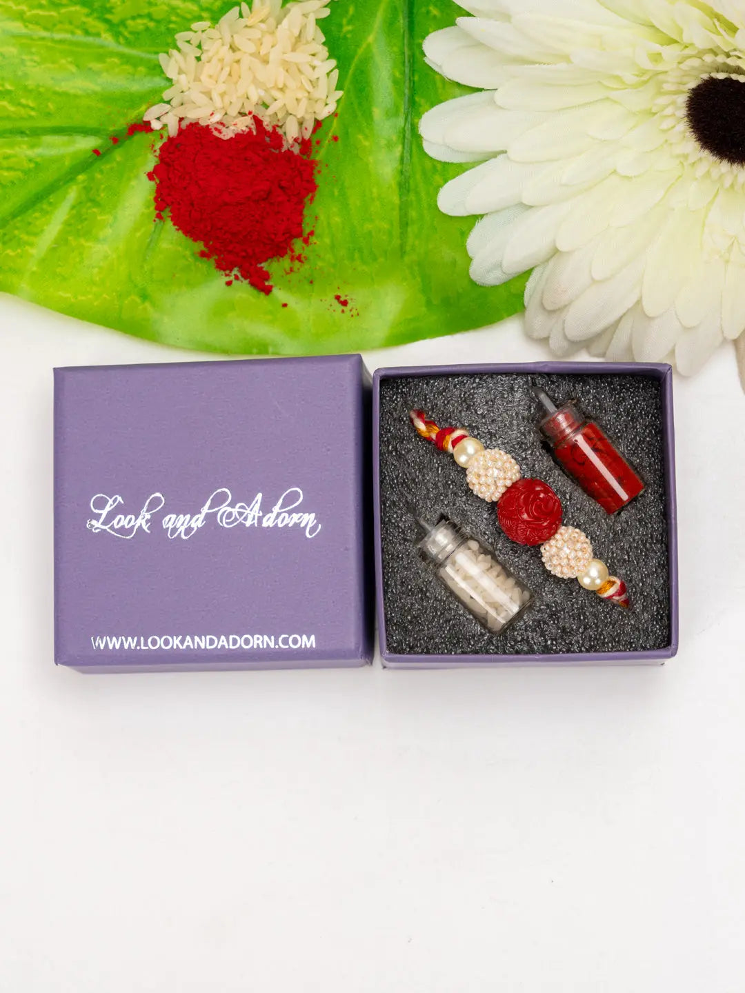 Handmade Red Cinnabar Beaded Pearl Rakhi for Men and Boys with Roli Chawal - Lookandadorn.com