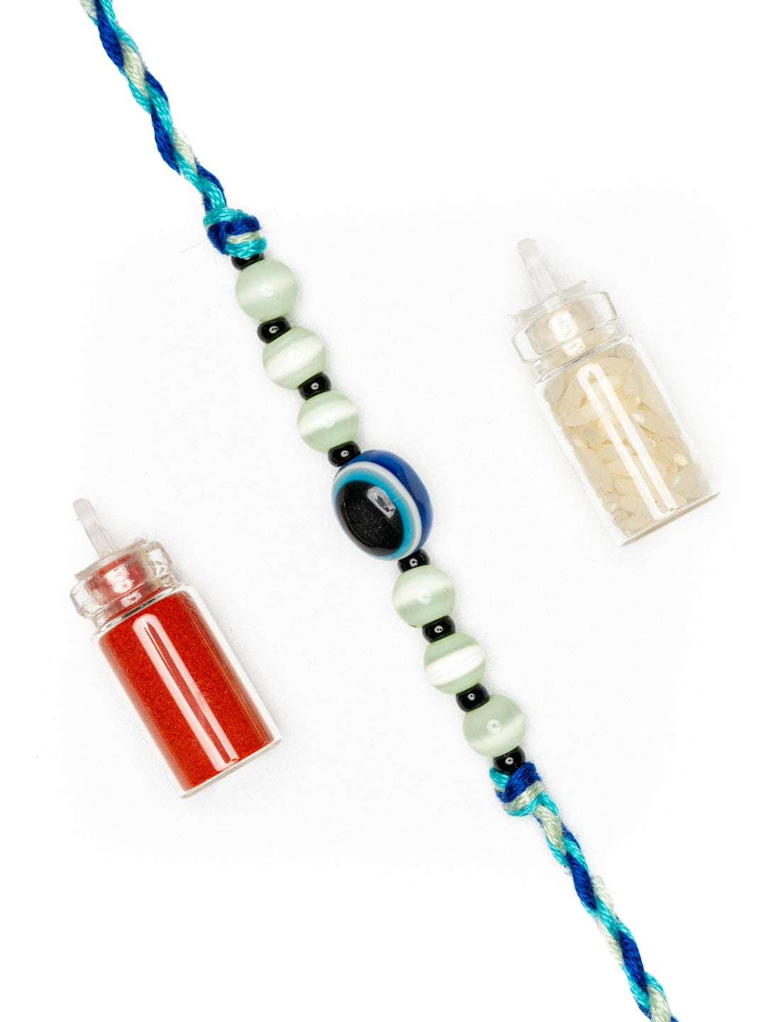 Green Blue Onyx Cat's Eye Evil Eye Rakhi With Roli Chawal for Raksha Bandhan Celebration - Lookandadorn.com