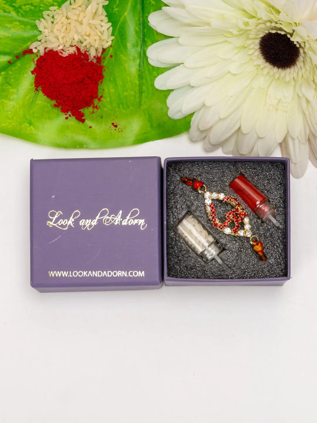 Exclusive American Diamond OM Rakhi Bracelet with Red Golden Dori Roli Chawal for Boys & Men - Lookandadorn.com