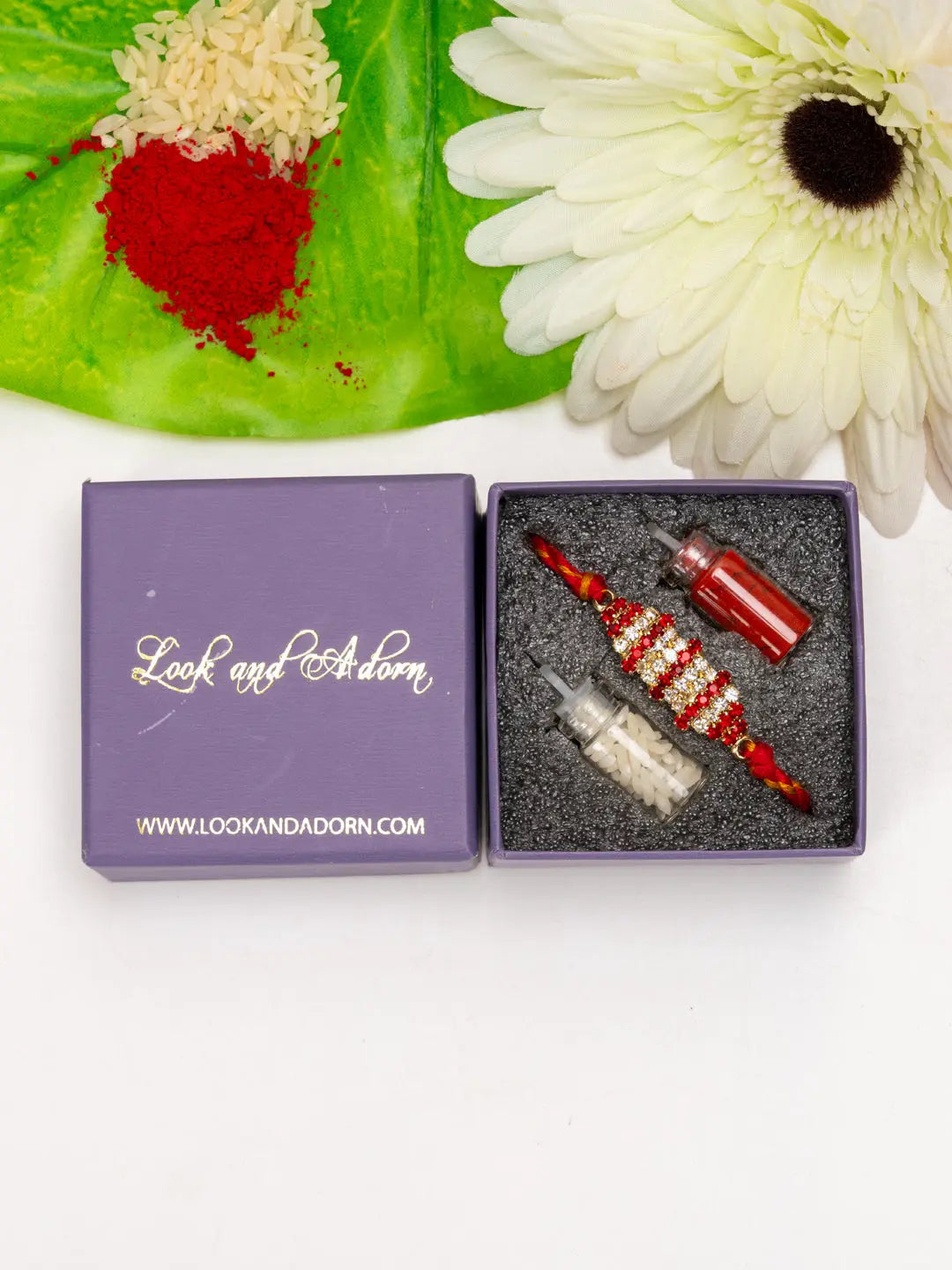 Exclusive American Diamond Rakhi Bracelet with Red Golden Dori Roli Chawal for Boys & Men - Lookandadorn.com