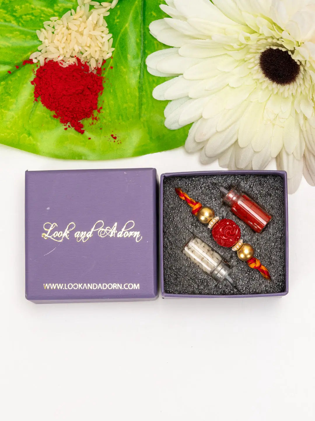 Handmade Red Carved Bead Focal Golden Rakhi for Men and Boys with Roli Chawal - Lookandadorn.com