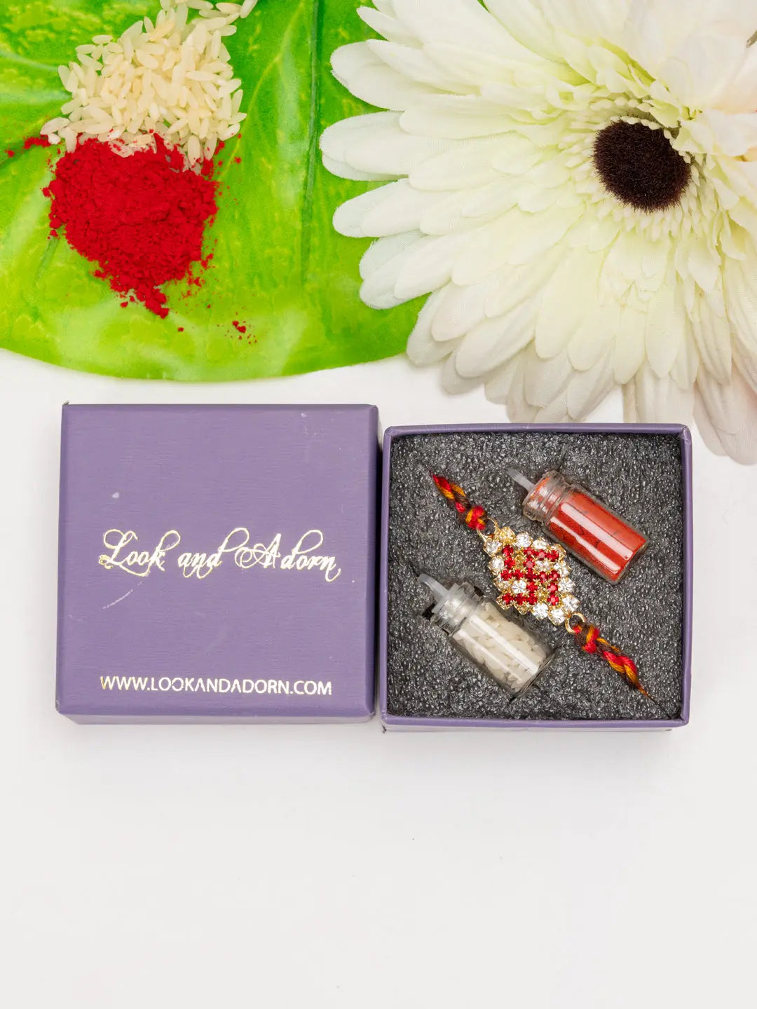 Exclusive American Diamond Swastik Rakhi Bracelet with Red Golden Dori Roli Chawal for Boys & Men - Lookandadorn.com