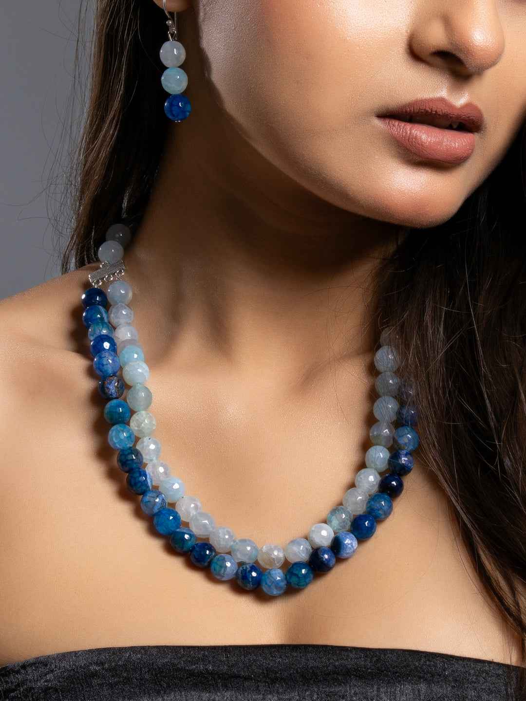 Semi Precious Ice Blue Onyx Double Layered Necklace set with Earrings
