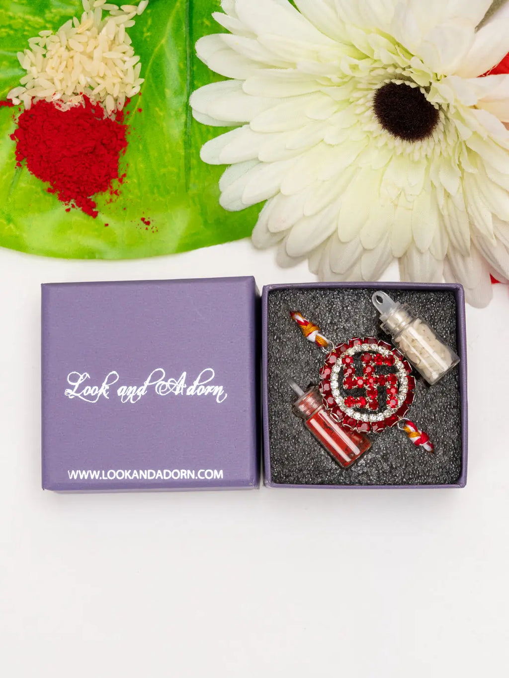 Exclusive Circular Red White American Diamond Swastik Rakhi Bracelet with Red White Golden Dori and Roli Chawal for Boys and Men - Lookandadorn.com
