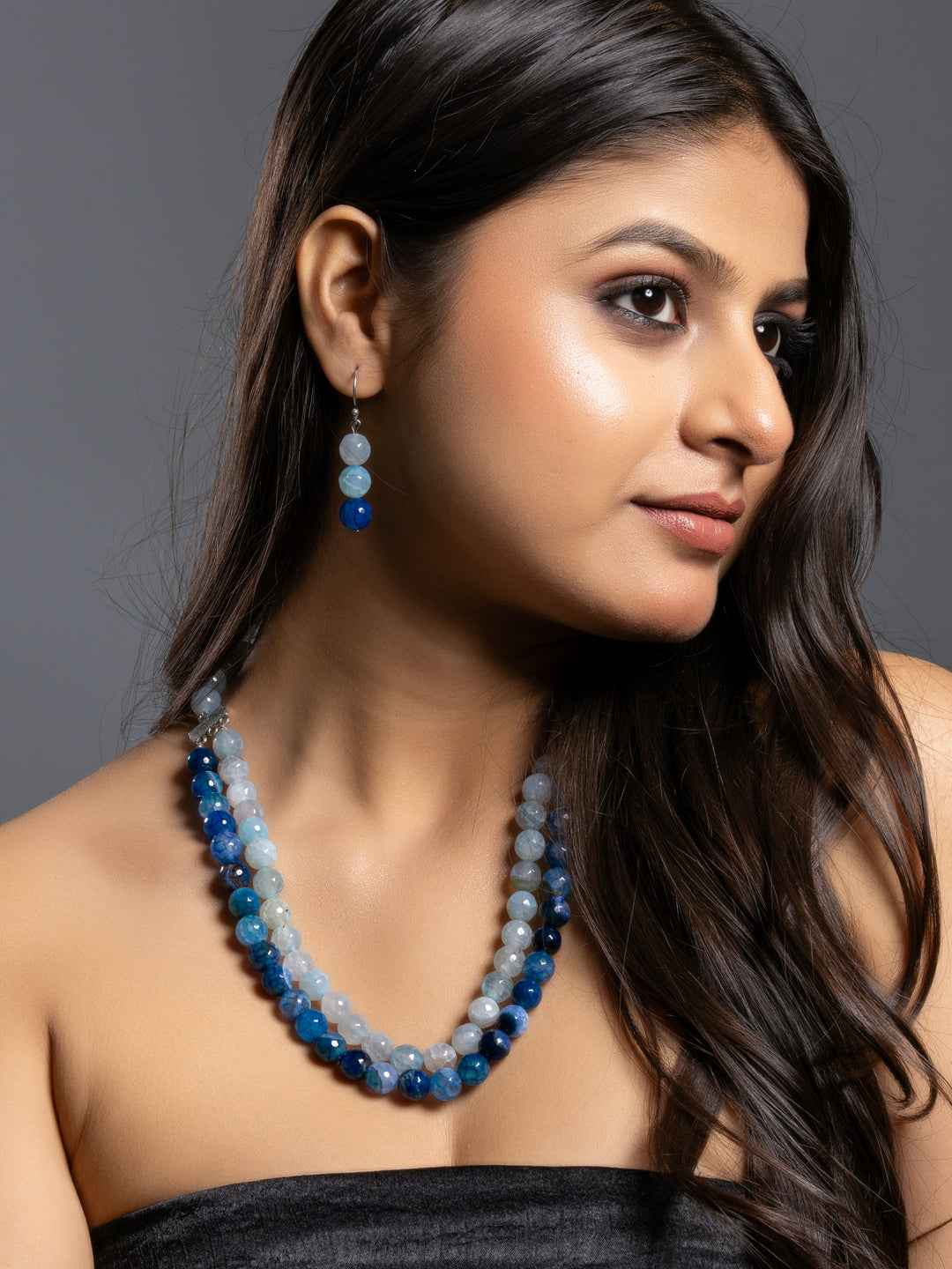 Semi Precious Ice Blue Onyx Double Layered Necklace set with Earrings